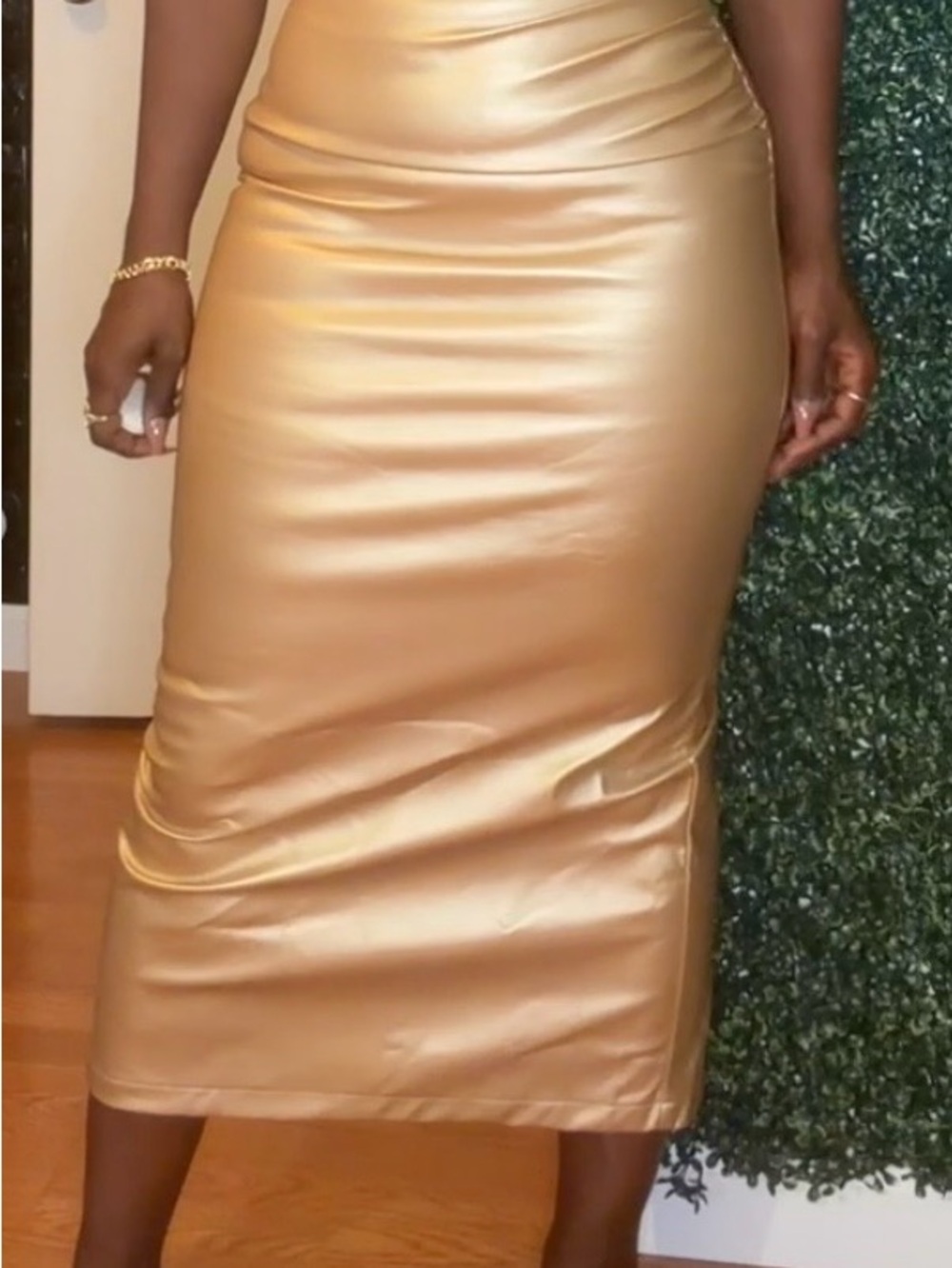 Gold Faux-Leather Midi Pencil Skirt